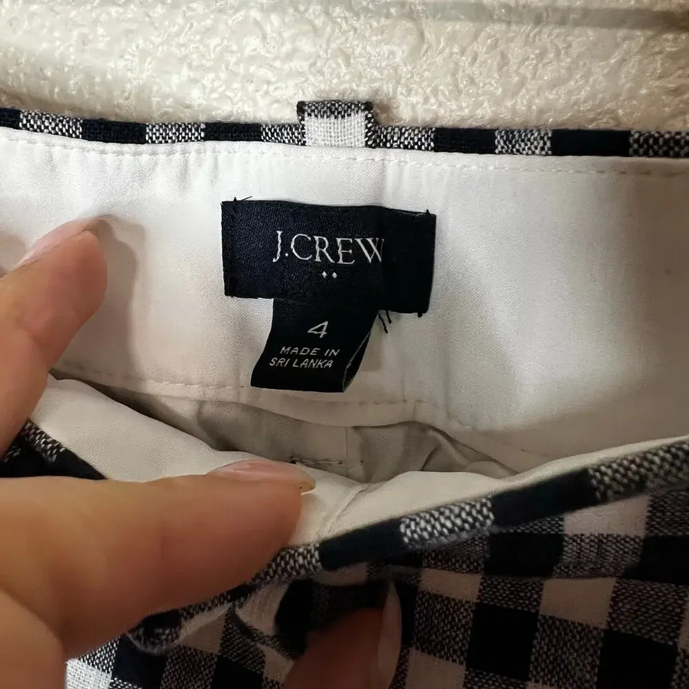J. Crew Gingham linen-cotton Holland pant in navy blue & white WOMENS 4